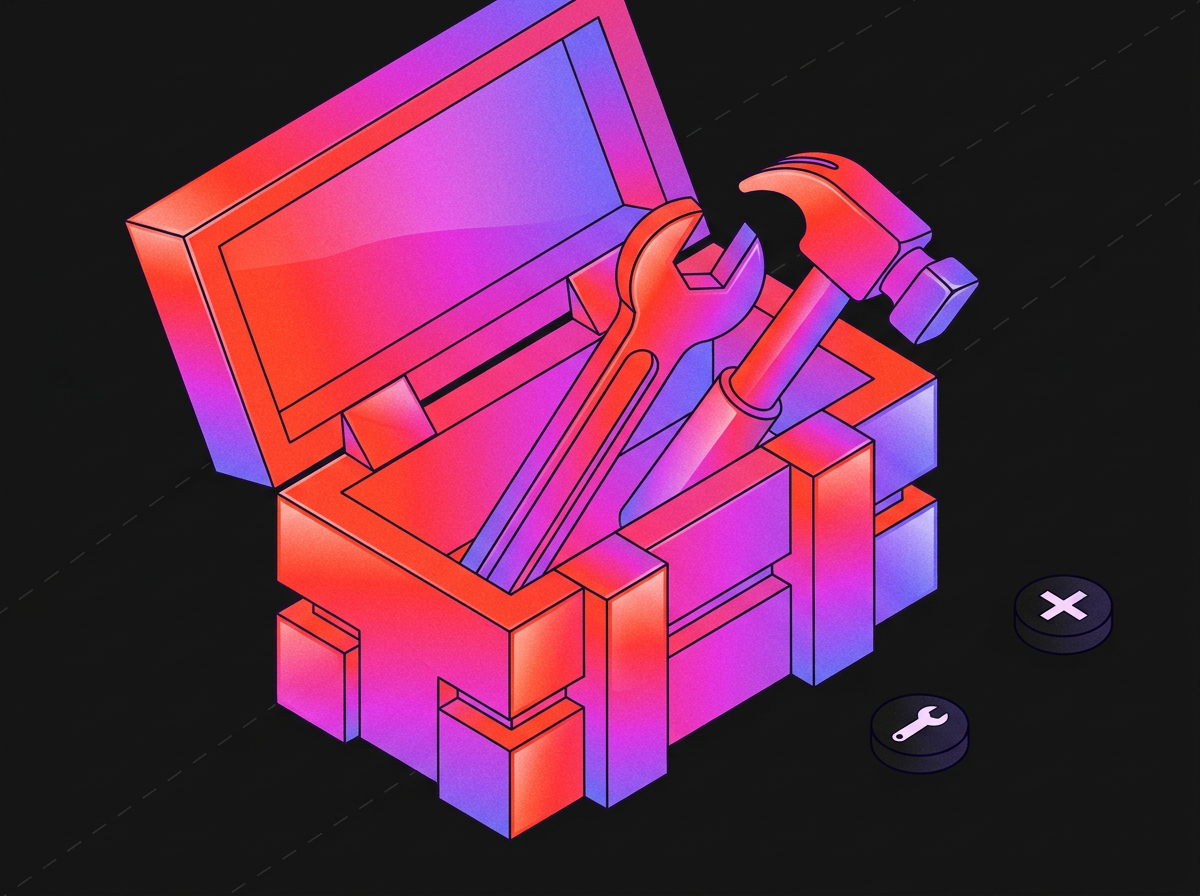 Isometric illustration of an open toolbox with a wrench and a hammer, in red, magenta and violet gradients