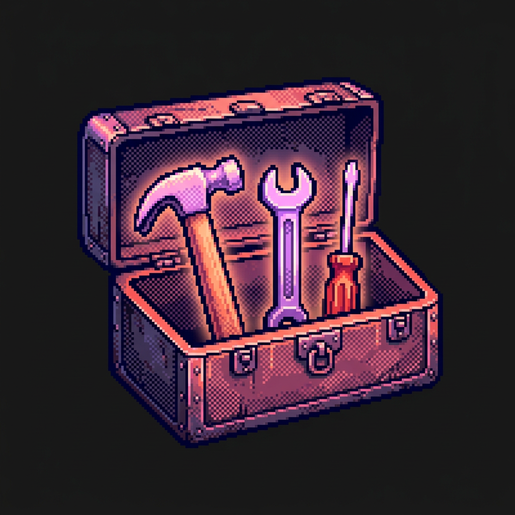 Pixel-art open toolbox holding a hammer, a wrench and a screwdriver (generated illustration)